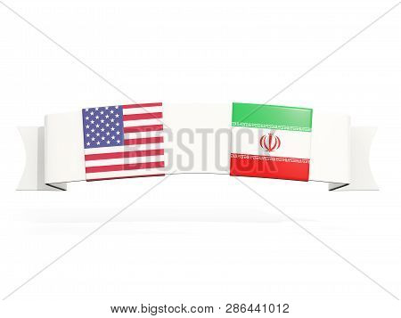 Banner With Two Square Flags Of United States And Iran