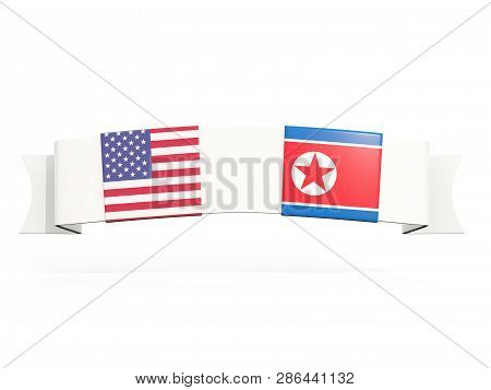 Banner With Two Square Flags Of United States And North Korea
