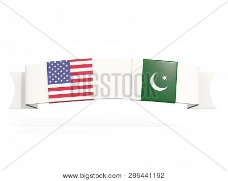 Banner With Two Square Flags Of United States And Pakistan