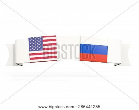 Banner With Two Square Flags Of United States And Russia