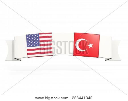 Banner With Two Square Flags Of United States And Turkey
