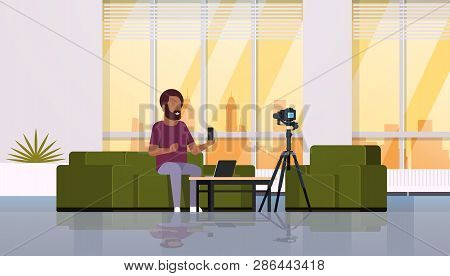 Guy Technology Blogger Recording Video On Camera Man Showing New Smartphone Functional Testing Blog 
