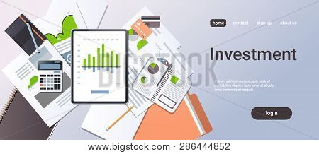 Financial Report Investment Business Finance Concept Top Angle View Desktop Tablet Screen Paper Docu