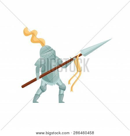 Royal Knight With Spear In Hands In Fighting Pose. Brave Warrior In Iron Armor. Medieval Hero. Flat 