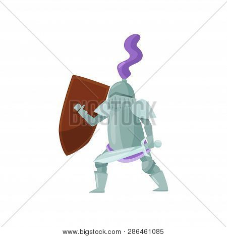 Medieval Warrior With Shield And Sword In Hands In Fighting Pose. Brave Knight In Shiny Iron Armor. 