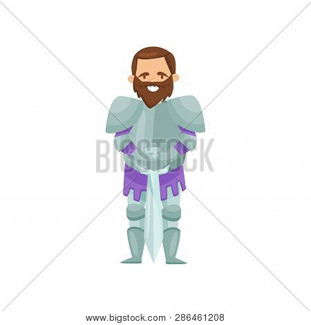 Cheerful Bearded Knight Standing With Sword. Medieval Warrior In Shiny Metal Armor. Royal Soldier. F