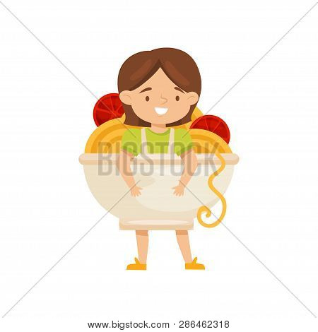 Cute Little Girl Dressed As Bowl Of Noddles With Tomatoes. Funny Costume For Carnival. Flat Vector D