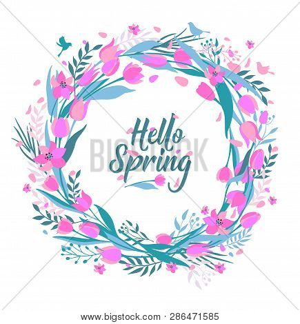 Vector Seamless Pattern Of Cute Stylish Tulips. Wreath Illustration Hello Spring.