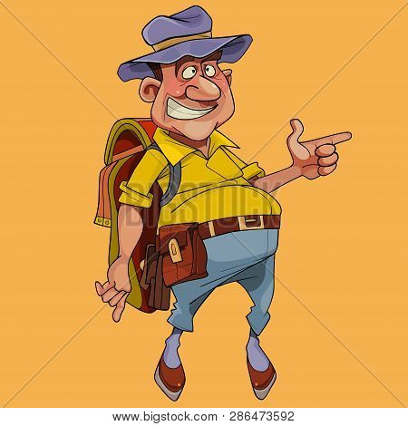 Cartoon Cheerful Pot Bellied Male Tourist With Backpack Points His Finger
