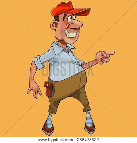 Cartoon Joyful Pot Bellied Man In Cap Points His Finger