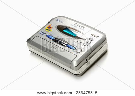 Saint Petersburg, Russia - November 21, 2018 - Vintage Aiwa Portable Audio Tape Compact Cassette Pla