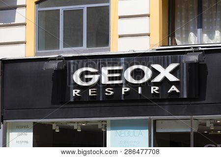 Milan, Italy - 2 June, 2018: Logo Of The Geox Store On The Street Of Milan In Italy.