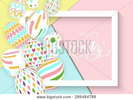 Happy Easter Sale Banner Background Template With Beautiful Colorful  Eggs And 3d Frame. Vector Illu