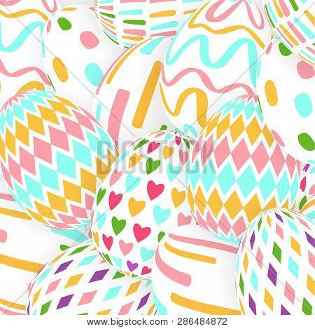 Easter Background With 3d Ornate Eggst. Illustration In Soft Colors. Cute Easter Banner, Poster, Fly