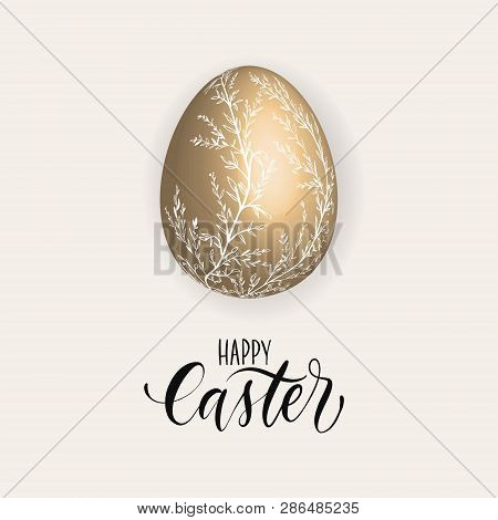 Hand Sketched Happy Easter With 3d Egg   Text For  Logotype, Badge And Icon. Drawn Resurrection Sund