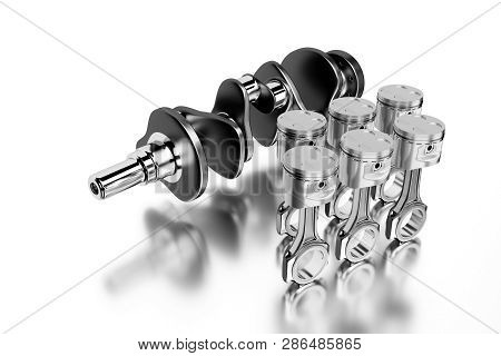 3d Rendering. Crankshaft For 6v Cylinders Engine. Truck Crankshaft On Grey Background. Engine Bearin