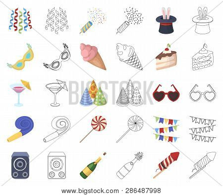 Party, Entertainment Cartoon, Outline Icons In Set Collection For Design. Celebration And Treat Vect