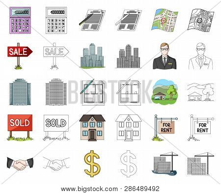 Realtor, Agency Cartoon, Outline Icons In Set Collection For Design. Buying And Selling Real Estate 
