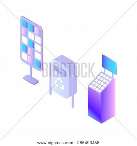 Container For Garbage Bin, Electro Charging Station, Digital Devices Set Isolated Icons Set Vector. 
