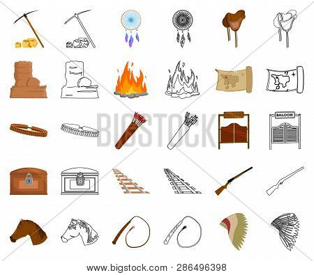 Attributes Of The Wild West Cartoon, Outline Icons In Set Collection For Design.texas And America Ve