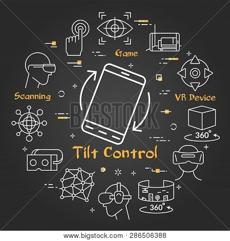 Vector Linear Concept Of Virtual Reality Technology. White Outline Smart Phone With Tilt Control And