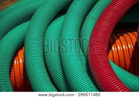 Plastic Pipes For Electrical Wiring Or Cables On A Construction Site