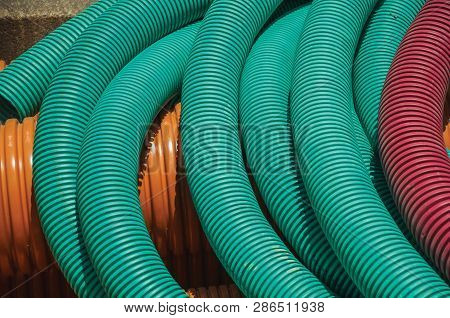 Plastic Pipes For Electrical Wiring Or Cables On A Construction Site