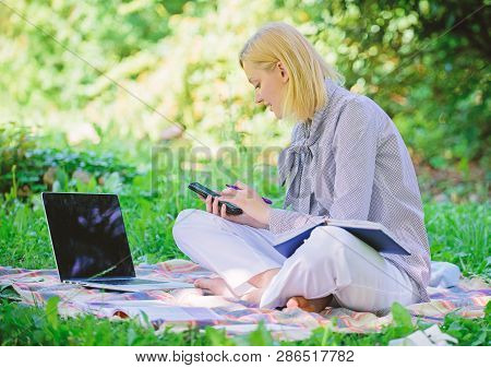 Become Successful Freelancer. Managing Business Outdoors. Woman With Laptop Sit Grass Meadow. Busine