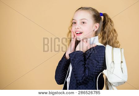 Popular Useful Fashion Accessory. Schoolgirl Ponytails Hairstyle With Small Backpack. Carrying Thing