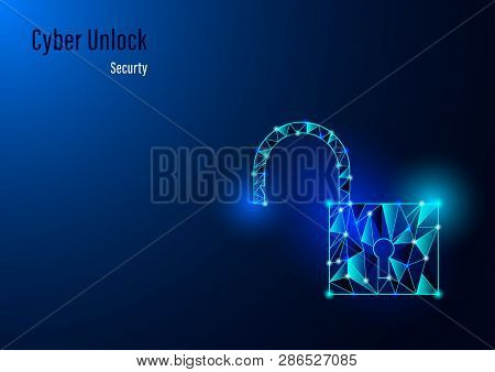 Cyber Protect Concept. Digital Security Hologram With Treangle Unlock Padlock On Blue Background. Ve