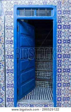 Opened Blue Arabic Door In Morocco (marrakesh) With Arabic Pattern, Oriental Islamic Ornament. Tradi
