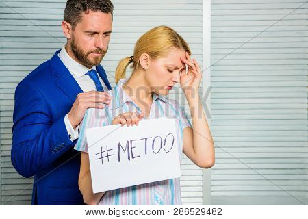 Girl Hold Poster Hashtag Me Too While Colleague Calm Down Her. Victim Assault At Workplace. Worker S