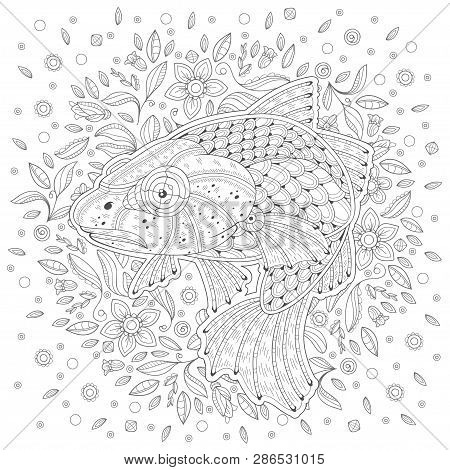 Hand-drawn Decorated Cartoon Cod On The White Background With Algae. Image For Coloring Pages. Vecto