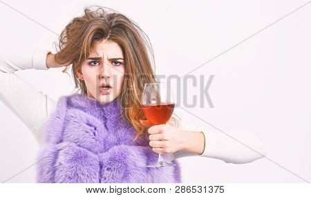 Lady Curly Hairstyle Likes Expensive Luxury Wine. Hedonism Concept. Reasons Drink Red Wine In Winter