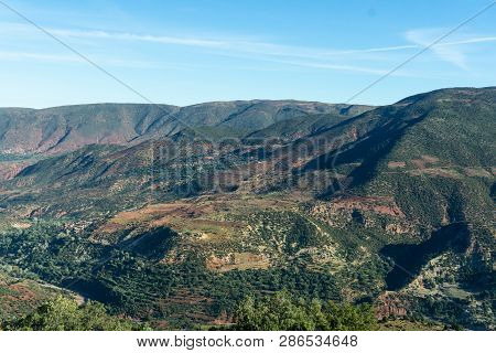 Morocco Tourism: Mountains In Morocco. Landscape With Atlas Mountains.
