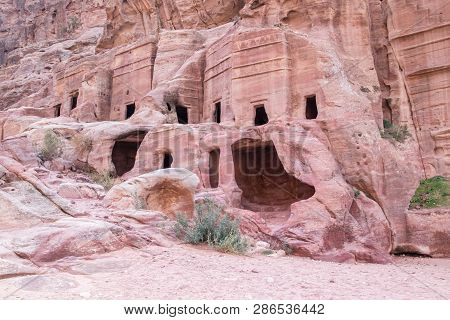 View Of Cave At Street Of Facades In Petra (red Rose City), Jordan. Petra Is Unesco World Heritage S