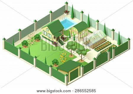 Private House Yard With Plot Of Land Behind High Fence. Isometric 3d Illustration