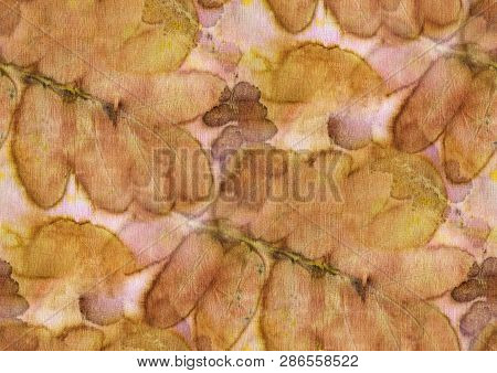 Seamless Botanical Print With Leaf Prints On Natural Silk. Hand-drawn Illustration.
