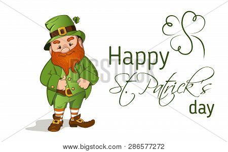 Happy Saint Patricks Day Illustration. Hand Drawn Leprechaun Cgaracter With Green Clover Leaf. Vecto
