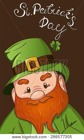 Happy Saint Patricks Day Illustration. Hand Drawn Leprechaun Cgaracter With Green Clover Leaf. Vecto