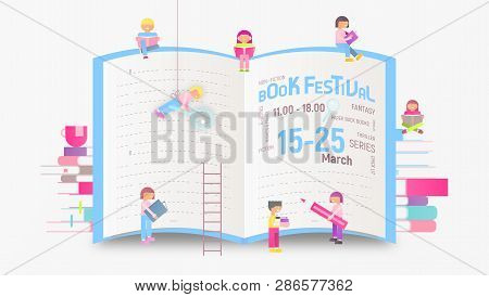 Modern Flat Design Concept For Bookstore And Book Festival Or Fair Advertising. Small Characters Car