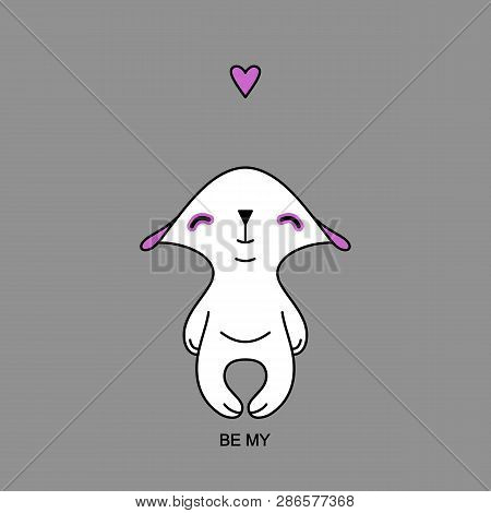 Valentine, Greeting Card, Invitation. Cute White Enamored Happy Teddy Bear Thinks, Dreams On A Gray 