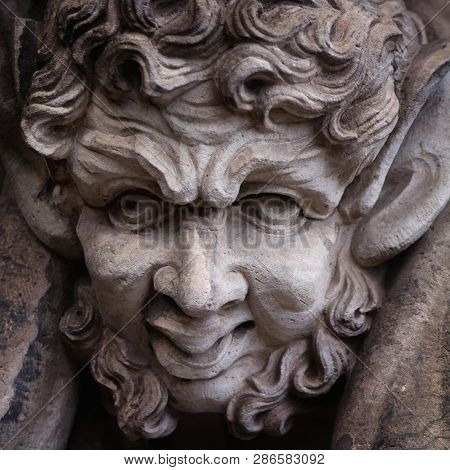 Close Up Antique Statue Of Pan (faunus In Roman Mythology). God Of The Wild, Nature And Rustic Music