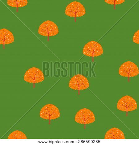 Trees Of Summer Forest Pattern.orange Trees On A Green Background.