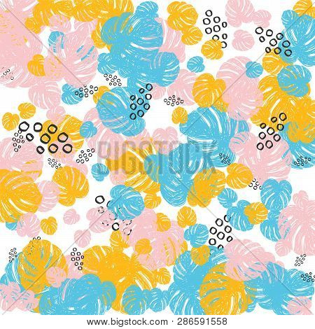 Tropical Background With Monstera Leaves In Pastel Colors. Blue, Pink And Yellow Leaves.