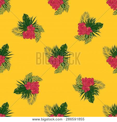 Tropical Leaves And Flowers Pattern. Hawaiian Seamless Pattern With Tropical Plants.