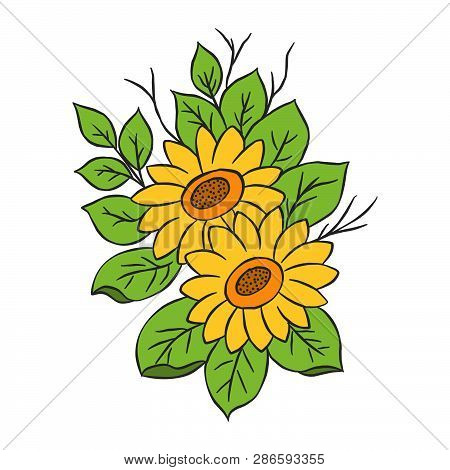 Graphical Sunflower Illustration. Black Flower, Contour Flower, Bloom Flower, Decorative Flower, Iso