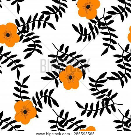 Tropical Flowers And Black Leaves Seamless Pattern.