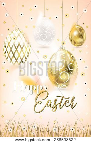 Easter Porceline And Golden Eggs And Confetti In The Cream Sky And Grass