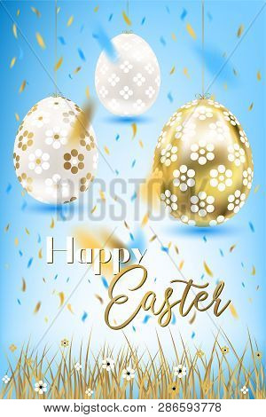 Easter Porceline And Golden Eggs And Confetti In The Sky And Grass